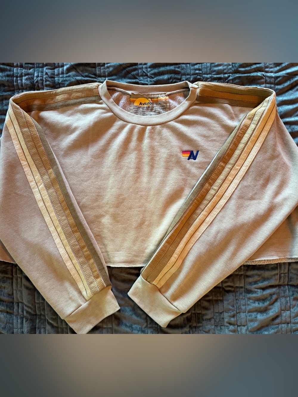 Aviator Nation Beige Crewneck Sweatshirt with 5 Stripe Sleeves Large